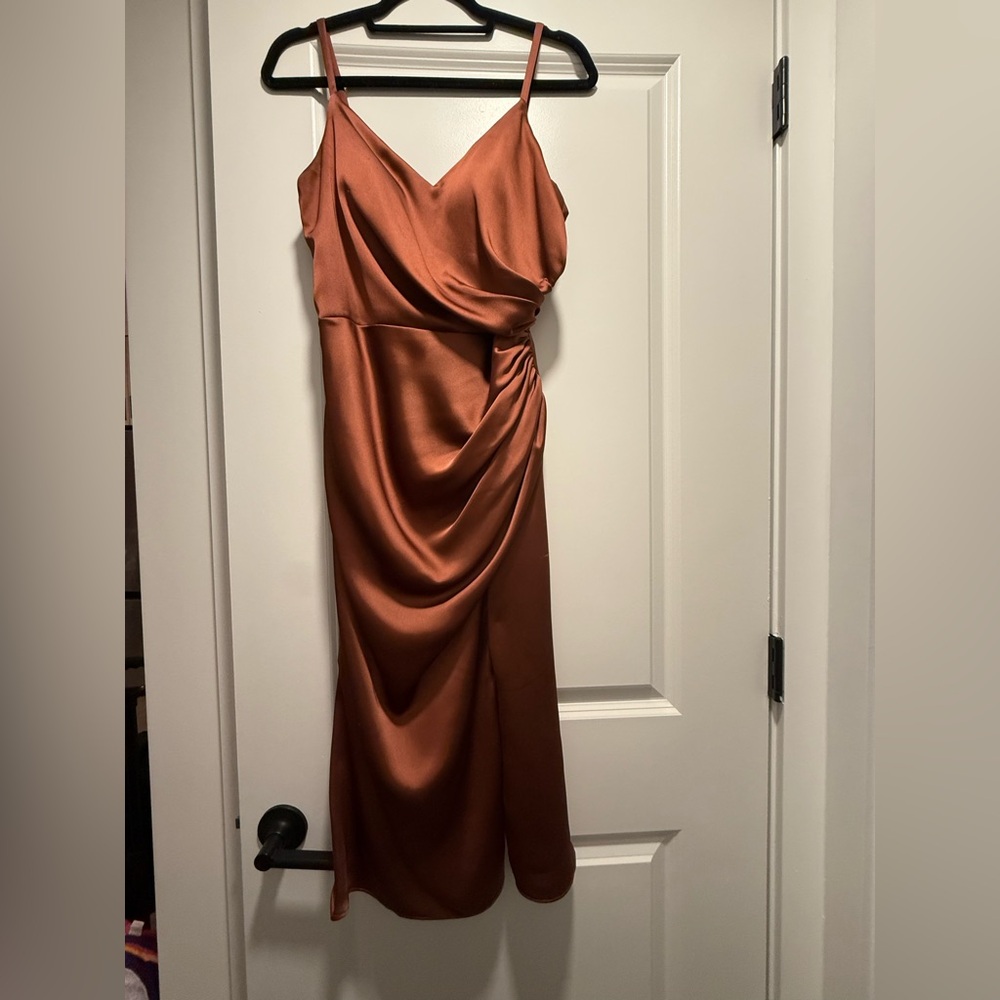 Revelry Rory Satin Midi Cinnamon Rose Bridesmaid Dress